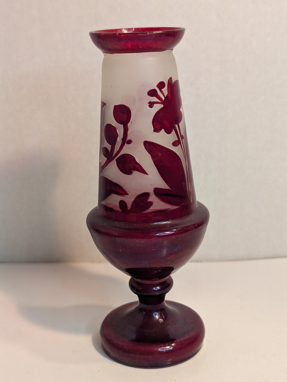 Vintage Bohemian Victorian Ruby Red Flash & Frosted Vase  Birds & Flowers.